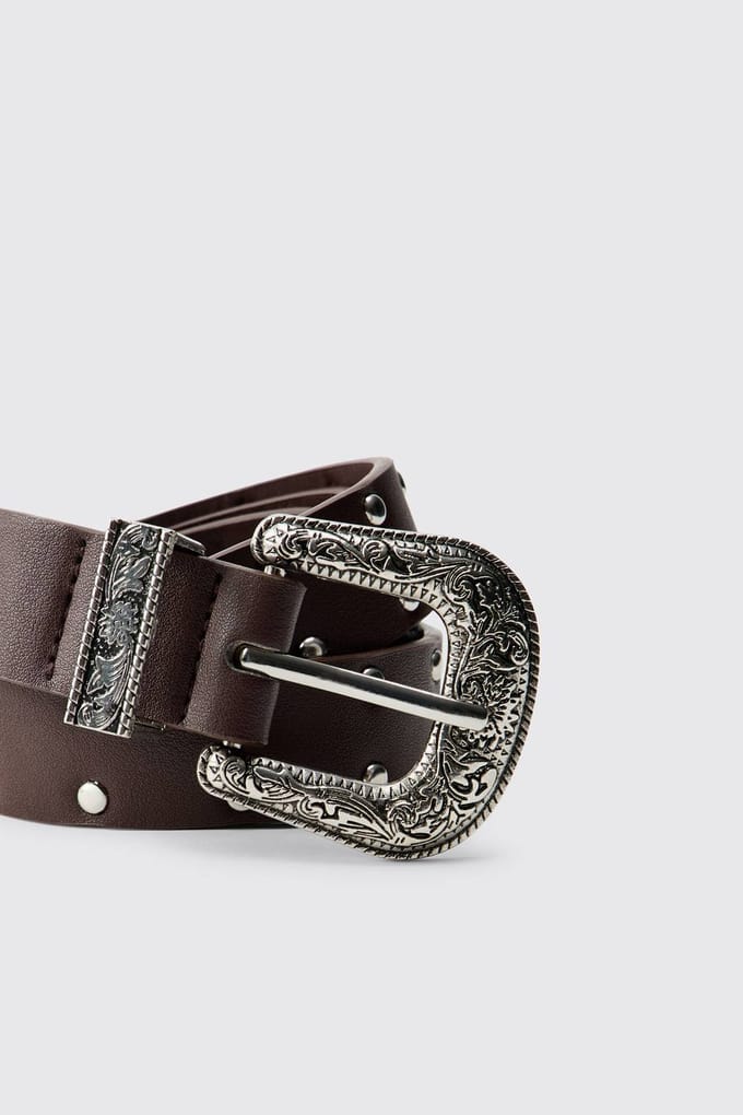 PU Western Buckle Belt | Brown | Size Medium/Large