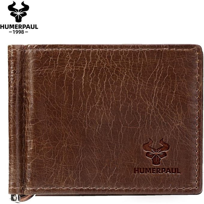 HUMERPAUL Herenportemonnee Leer Lichtgewicht Bi-fold Geldclip Slanke Modeportemonnee M koffie