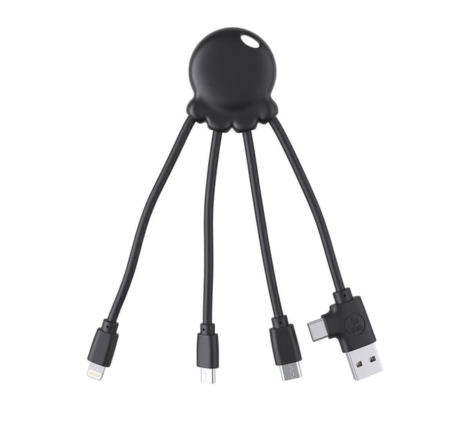 Xoopar, Octopus 4-in-1 Oplaadkabel 10.5W - USB-A/USB-C/Lightning/Micro - 15cm, Zwart
