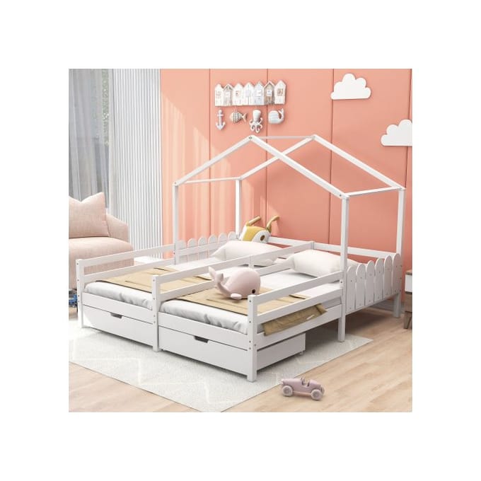 Kinderbed - MUVOE - Lattenbodem met 2 lades - MDF - 200x90 cm - Wit wit