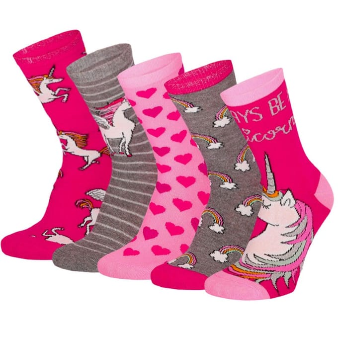 Apollo - Kindersokken Unicorn - Grijs/Roze - Maat 31/34 - Sokken meisjes - Kindersokken meisjes - Sokken kind - Kindersokken maat 31 34 - Sokken meisjes multipack