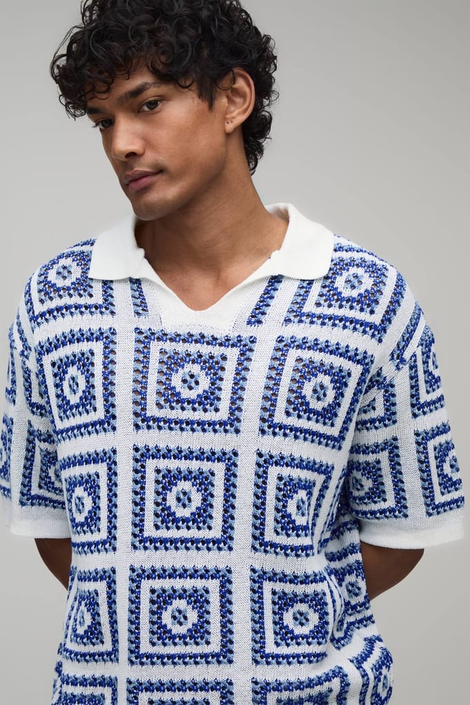 Oversized Boxy Gebreide Polo En Short Set Met Gehaakte Patches | Blue | Size Medium