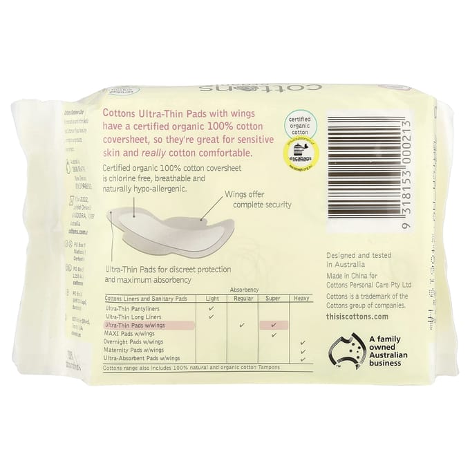 Katoen, 100% natuurlijk katoenen toplaag, ultradunne pad met vleugels, super, 12 pads white