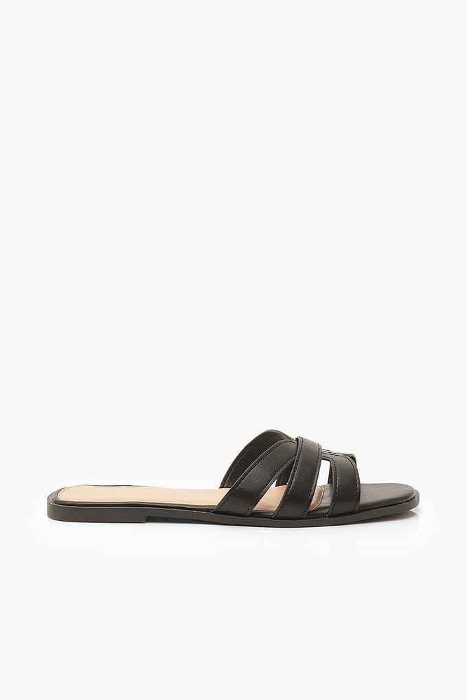boohoo Dames Wide Fit Cross Strap Sliders | Zwart | Maat: 37