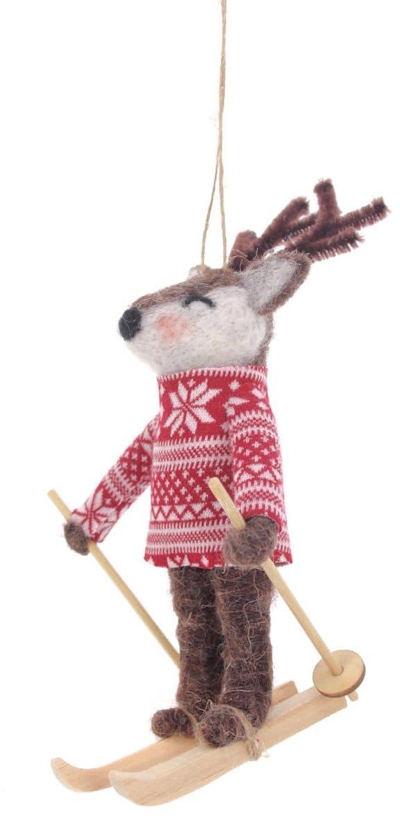 Hert met ski's hangend vilt 9,5x9x14cm