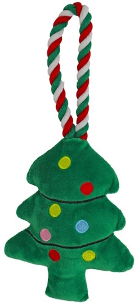 De Boon Pluche kerstboom hondenspeeltje groen rood met stevig floss touw 35 cm
