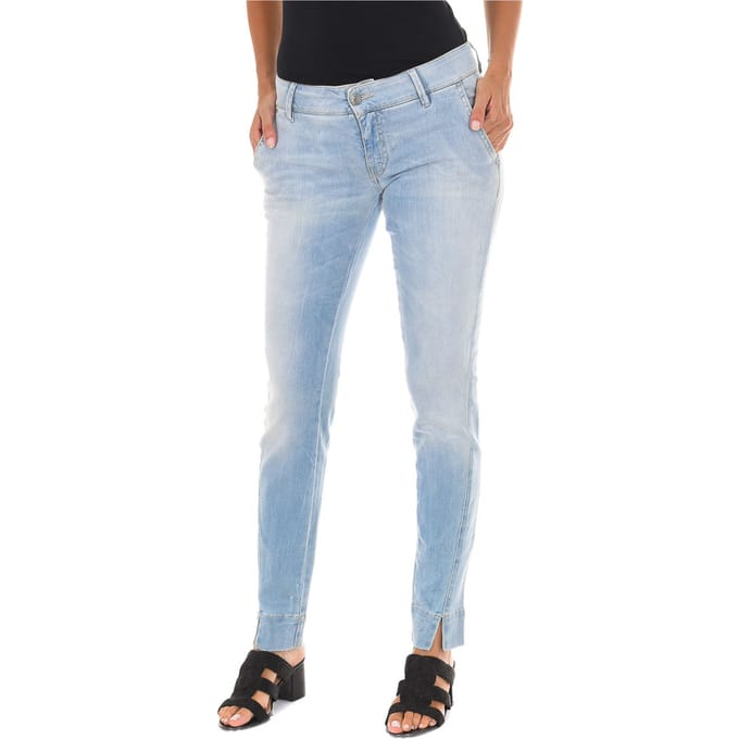 Lange denim broek met versleten effect en smal gesneden zomen 70DBF0282-D762 vrouw
