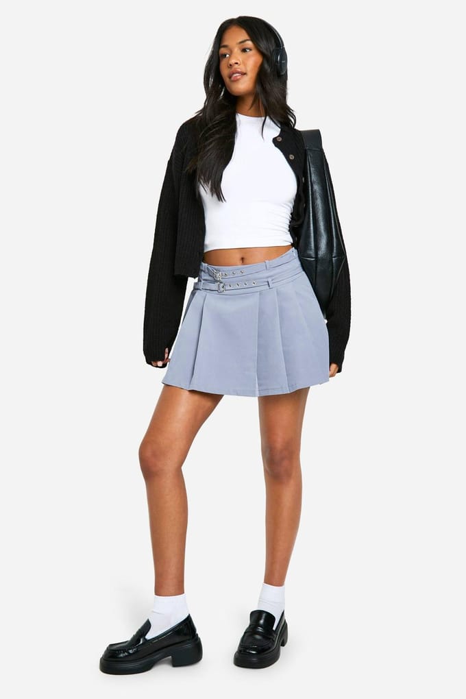 boohoo Dames Hoge geplooide minirok met gesp riem | Grijs | Maat: 36