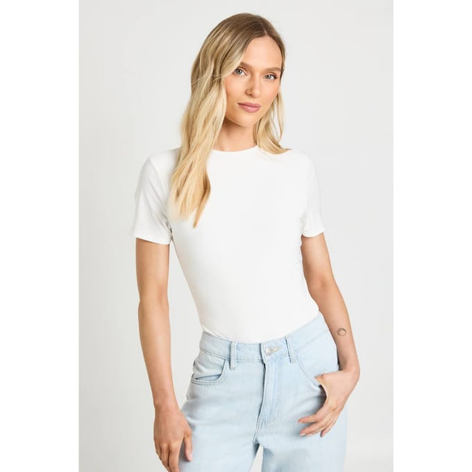 boohoo Dames Petite Dubbellaags Slinky Bodysuit Met Korte Mouwen | Wit | Maat: 40