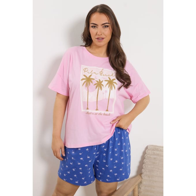 Yours Blauwe Pyjamashorts Met Palmboomprint Size 46-48