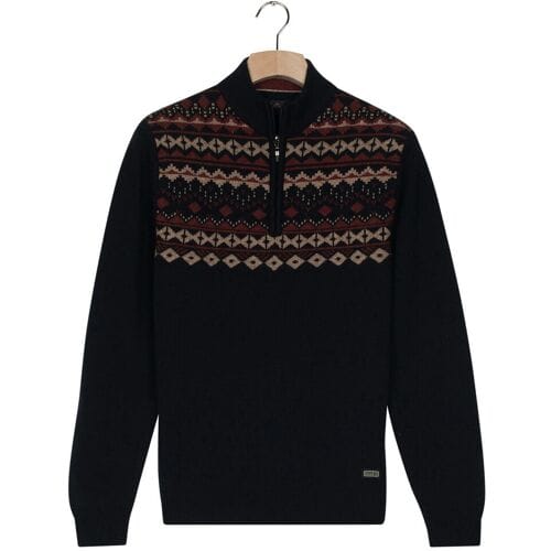 Baileys Trui Front Top Nordic Knit Jacquard Pattern Half Zip Navy / male