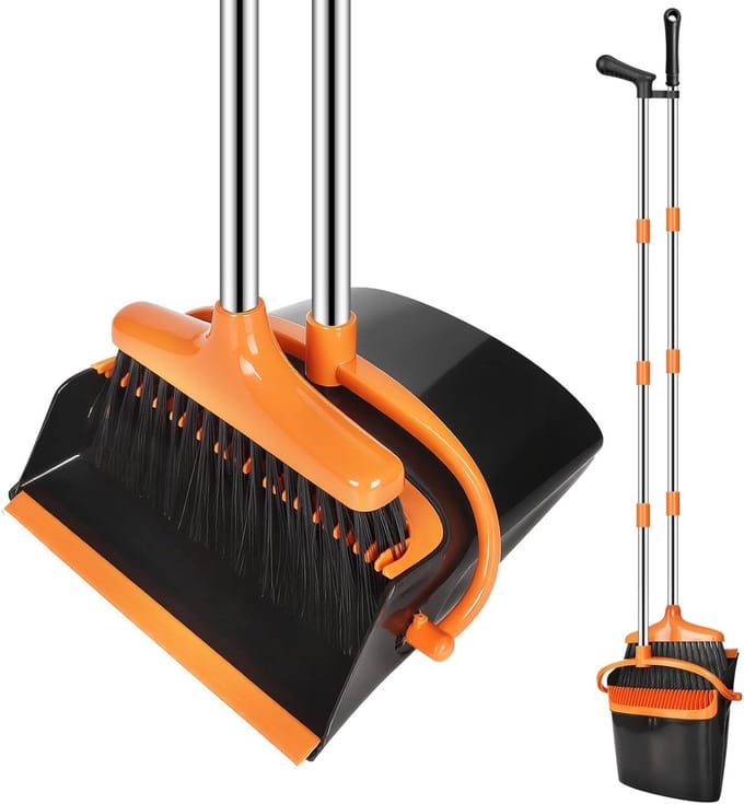 Bezem en stofpan - Veegset - Effectief schoonmaken - Uitschuifbare steel - 123 cm - Oranje design