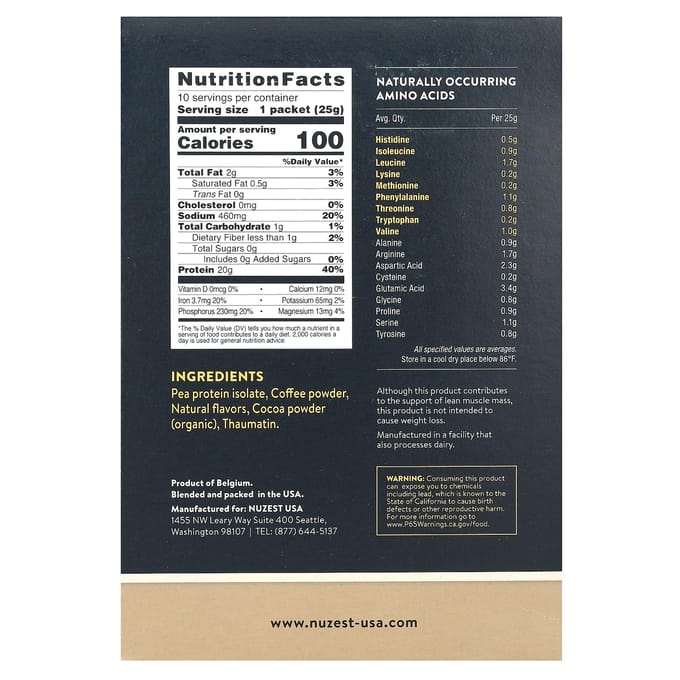 Nuzest, Clean Lean Protein, Mélange de boisson protéinée de pois premium, Café véritable, 10 sachets, 0,9 oz (25 grammes) Chaque