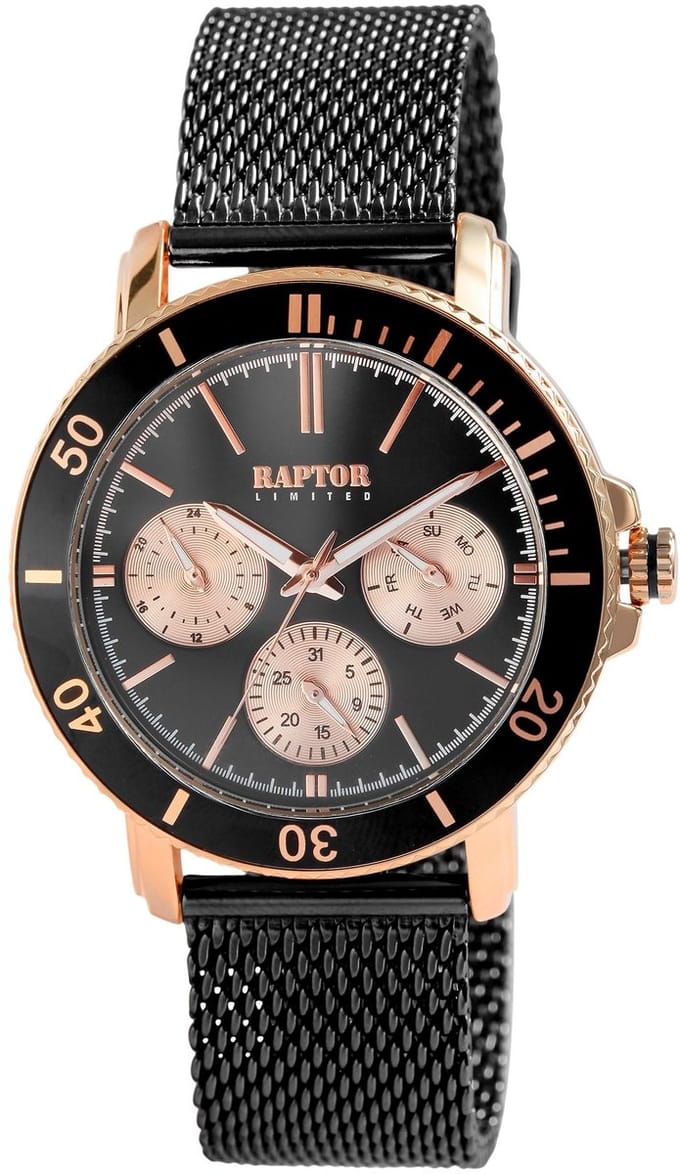 Raptor-Model ra20342-003-Herenhorloge-zwart-rosekleurig-dag en datum aanduiding-3 atm waterdicht-milanese band-diameter 42 mm
