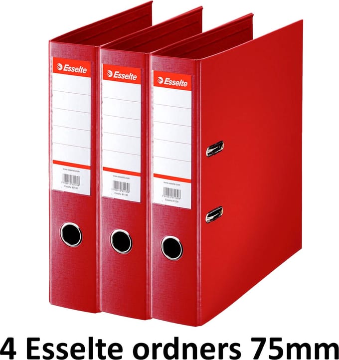 4 x Ordner Esselte Basic - kunststof - rug 75mm – rood