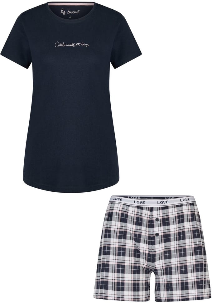 By Louise Dames Korte Pyjama Set Shortama Donkerblauw Effen/Geruit - Maat S