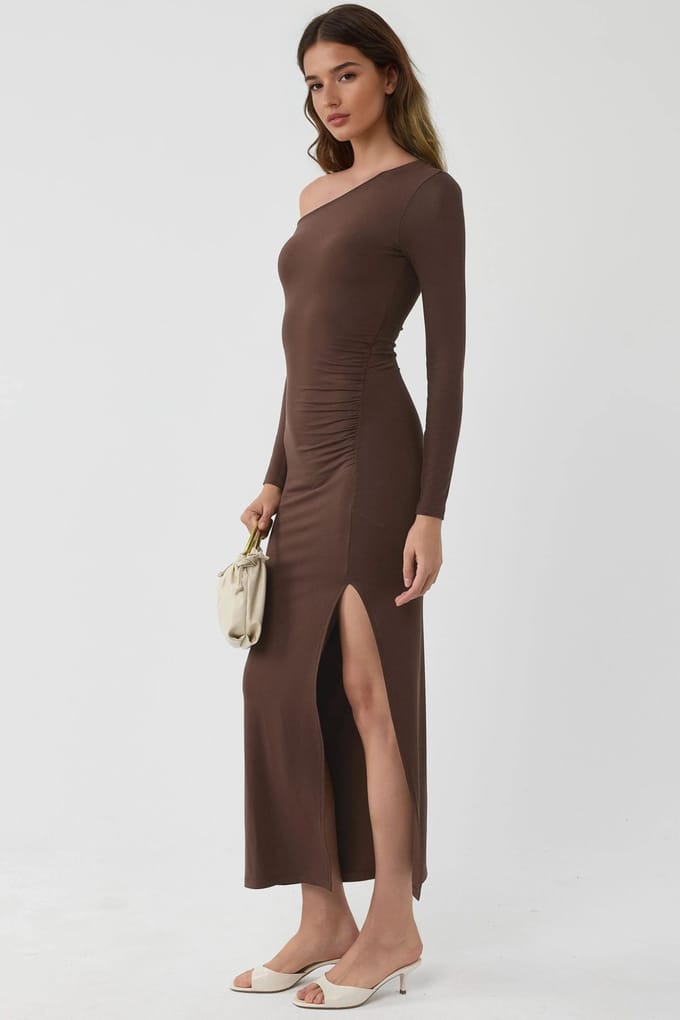 Asymmetrische Kraag Maxi-jurk met Scheur
