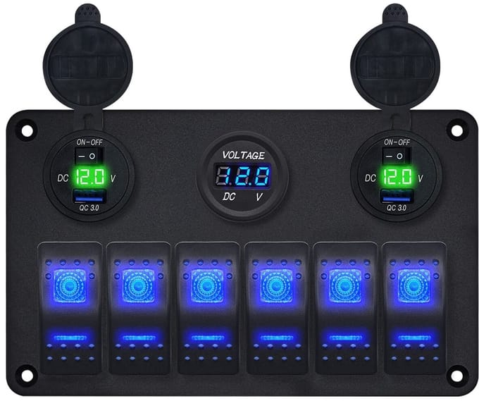 ProRide Schakelpaneel 12V voor Auto/Boot - USB Lader 4 Poorten met Voltmeter - 5V/2.4A - 6 Schakelaars