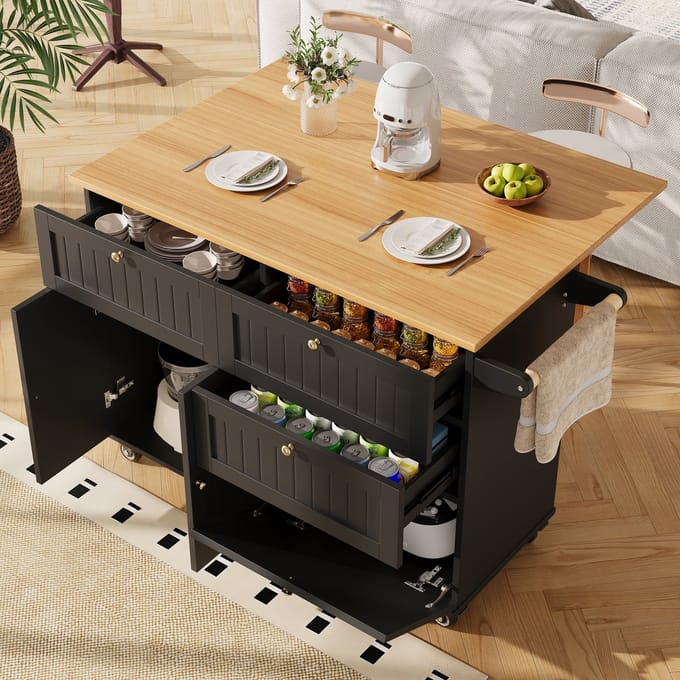 Clruro Keukeneiland - Buffetkast + Opslagruimte - Multifunctioneel + Uittrekbare Kasten - Houtlook - Zwart