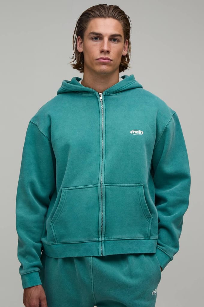 Oversized Heren Sport Washed Ritssluiting Hoodie | Washed Teal | Size Medium