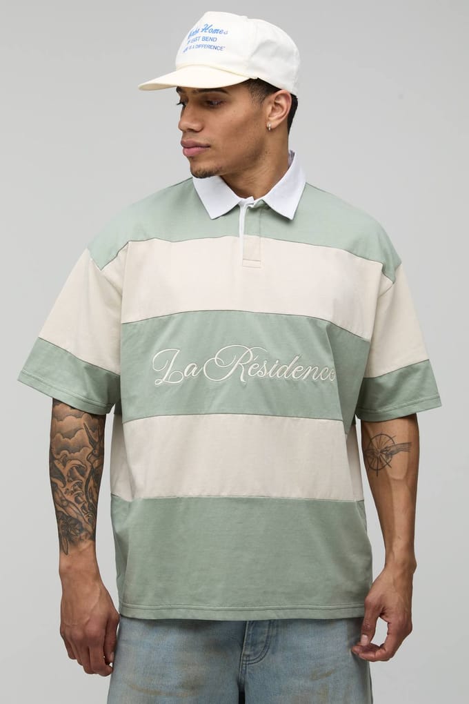 Oversized La Residence Geborduurd Gestreept Rugby Polo | Sage | Size XS