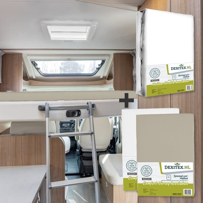 Dexitex hefbed 1 x Molton & 2 hoeslakens Wit + Zandkleur / Geschikt voor Camper