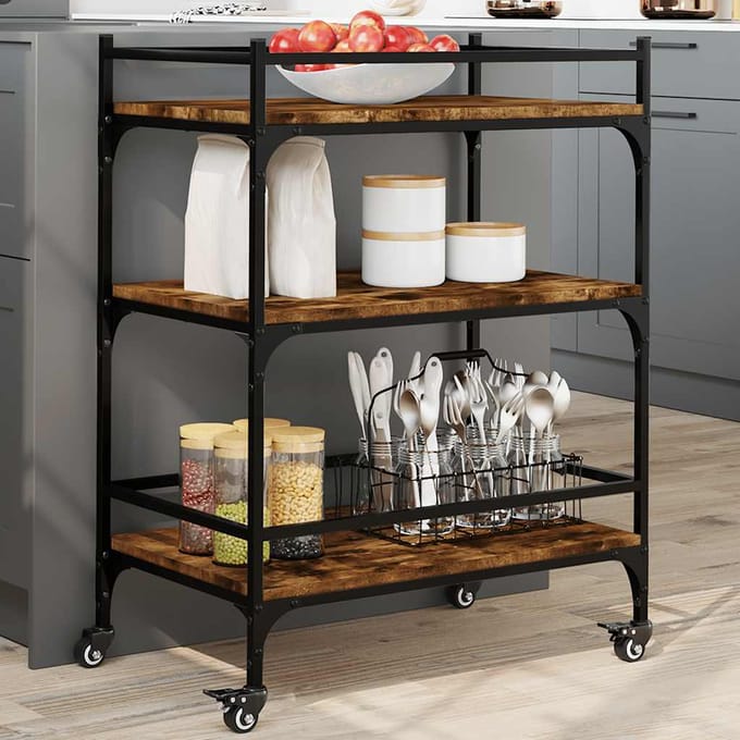 vidaXL - Keukentrolley - 65x40x86,5 - cm - bewerkt - hout - gerookt - eikenkleurig