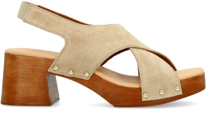 Sacha - Dames - Beige suède sandalen met houten hak - Maat 36