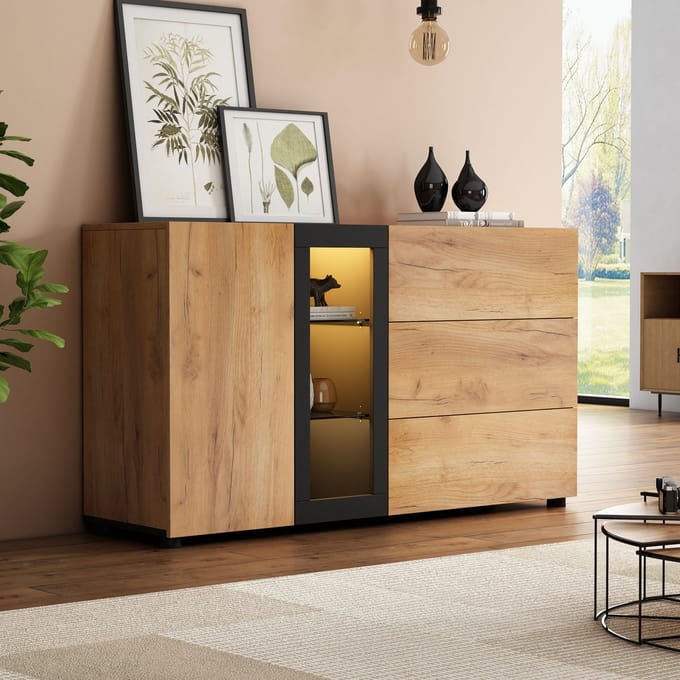 Dressoir - 140 cm - Opbergkast met 3 Laden en Glas - Consolekast - MDF/Glas - Houtkleur