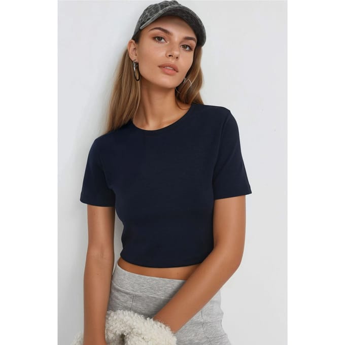 Elastische Crop Top met Ronde Hals
