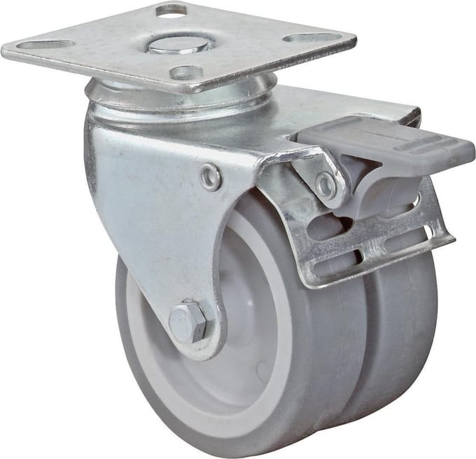 Zwenkwiel Dubbel 75Mm Rubber Grijs M/Rem