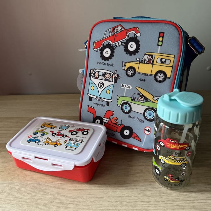HEEL KLEIN Auto's lunchtasje met lunchboxje en drinkfles / drinkbeker - Tyrrell Katz