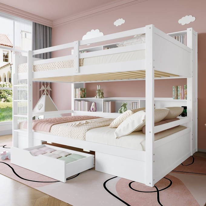 MODFU – Stapelbed – 90x200 cm – Opbergvakken & Lade – Minimalistisch – Grenenhout – Wit