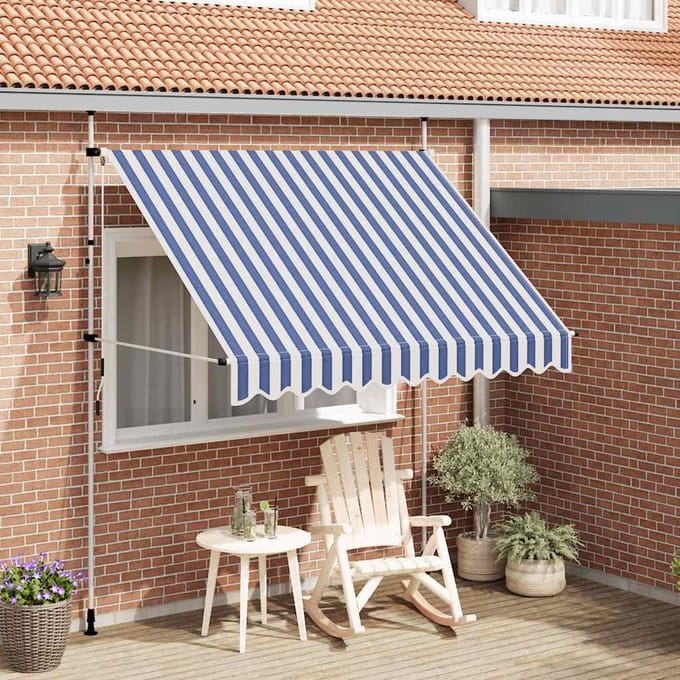 vidaXL - Luifel - handmatig - uittrekbaar - 250 - cm - blauw - en - witte - strepen