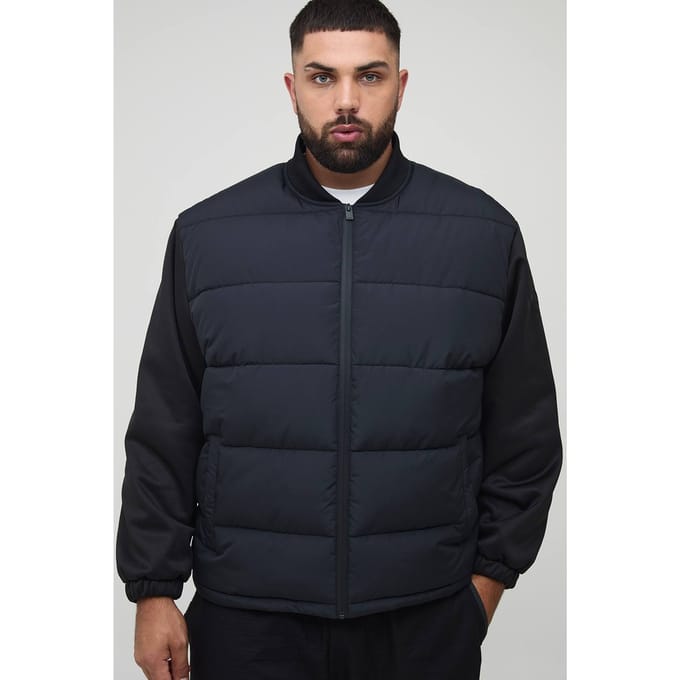 Plus Regular Fit Quilted Scuba Sleeve Puffer Jacket | Black | Size 2XL