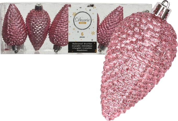 Decoris Kersthangers dennenappels - 6x - lippenstift roze - glitter - 8 cm - kunststof