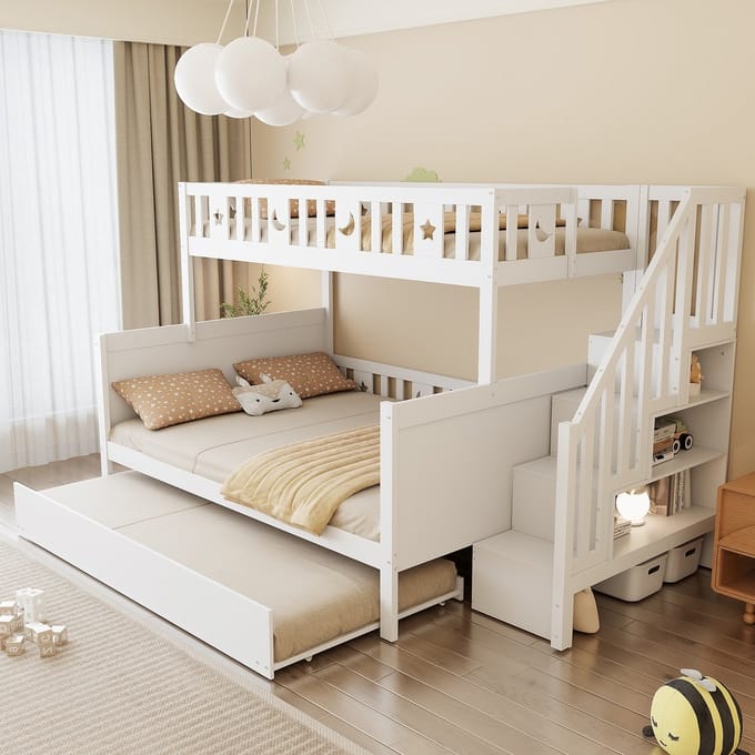 Sweiko Stapelbed - 90×200cm & 140×200cm - met uitschuifbed - Opbergplank - Kinderbed - Wit