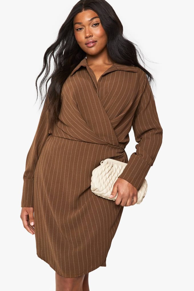 boohoo Dames Plus Linen Look Gestreepte Jurk | Mokka | Maat: 48