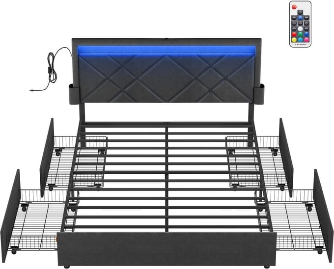 VASAGLE - Bed - LED Verlichting - 4 Lades - Verstelbaar Gestoffeerd Hoofdbord