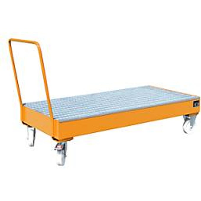 Stalen lekbak met wielen + greep, 1800 x 800 mm, oranje RAL 2000