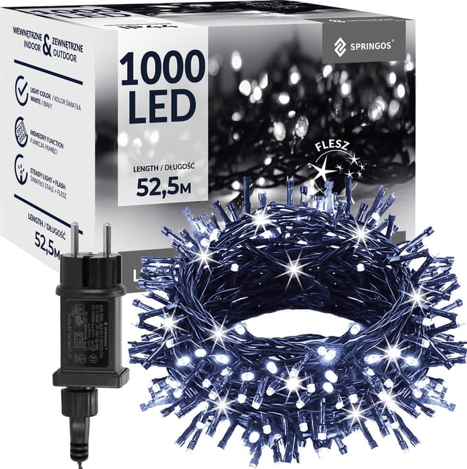 Springos Kerstboomverlichting | met 1000 LED Lampjes | 50 M | Koel Wit | Inclusief Flitsfunctie