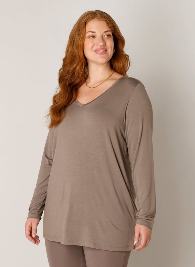BASE LEVEL CURVY Alize Jersey Shirt - Dark Taupe - maat 0(46)
