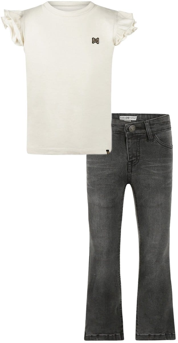 Koko Noko - Kledingset - Basic Collection - Bio Cotton - Dark grey Jeans flared - Shirt Korte mouw Off white - Maat 140