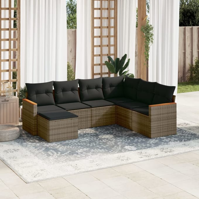 vidaXL - 7-delige - Loungeset - met - kussens - poly - rattan - grijs