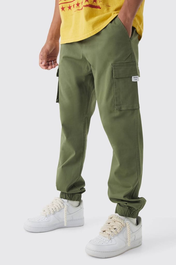 Slim Fit Cargobroek met Elastische Taille, Gewoven Tab en Manchetten | Khaki | Size Medium