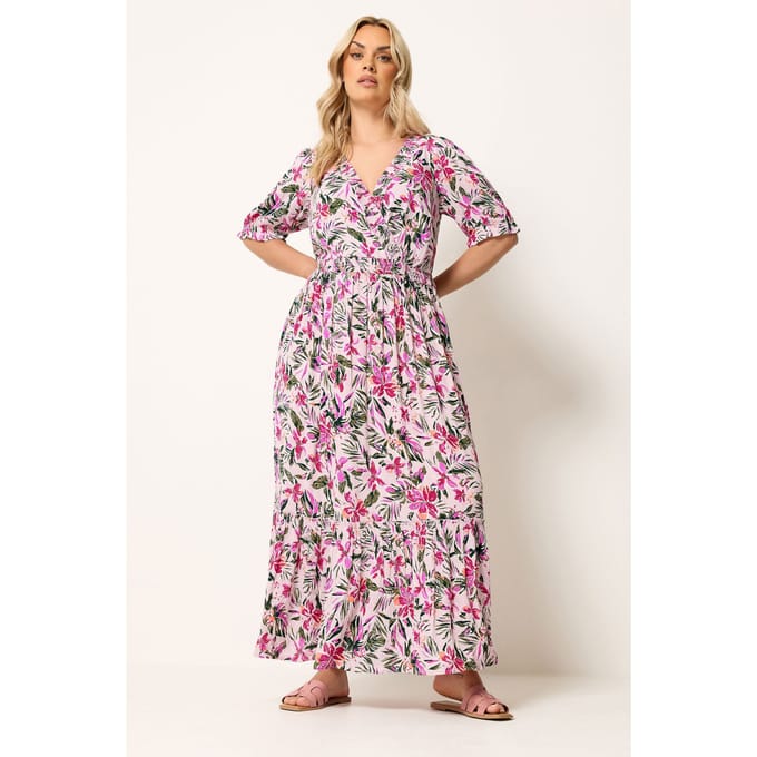 Yours Zwarte Maxijurk Met Tropische Halsplooien Size 44