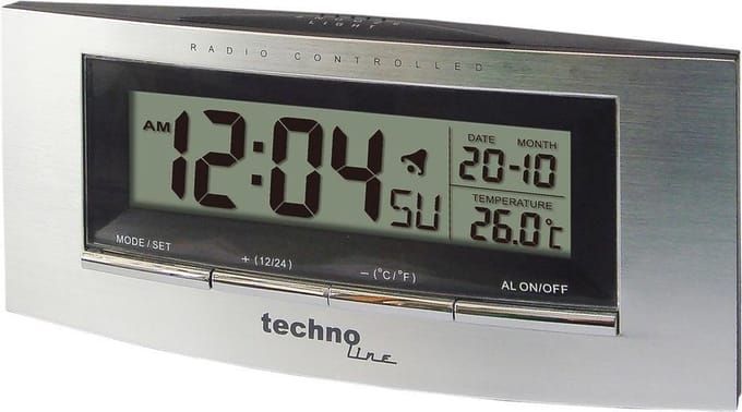 Technoline WT182 - Wekker - Digitaal - 12/24 - Snooze - Radiogestuurde tijdsaanduiding - Temperatuur - Datumaanduiding - Zilverkleurig