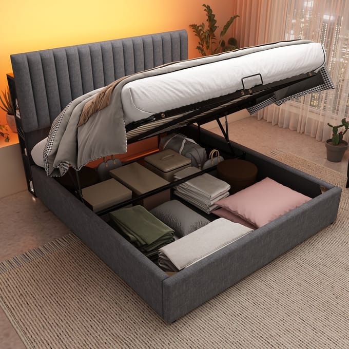 REDOM Opbergbed 140x200 cm – Linnen – Hydraulisch – LED & USB/Type-C – Grijs – 220 kg