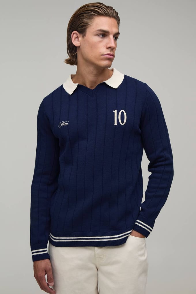 Regular Fit V Neck Ribbed Knitted Polo T-Shirt | Navy | Size Small