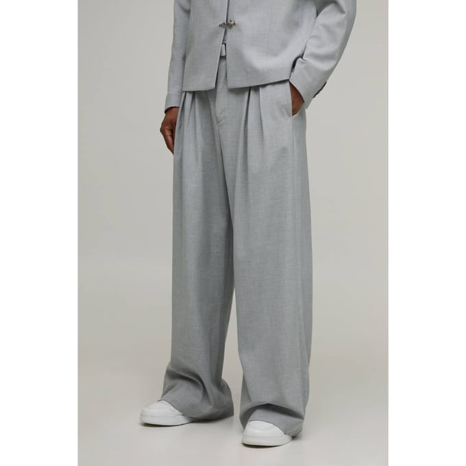 Pantalon De Costume Large À Double Plis Et Ceinture Ajustée | Grey | Size 36